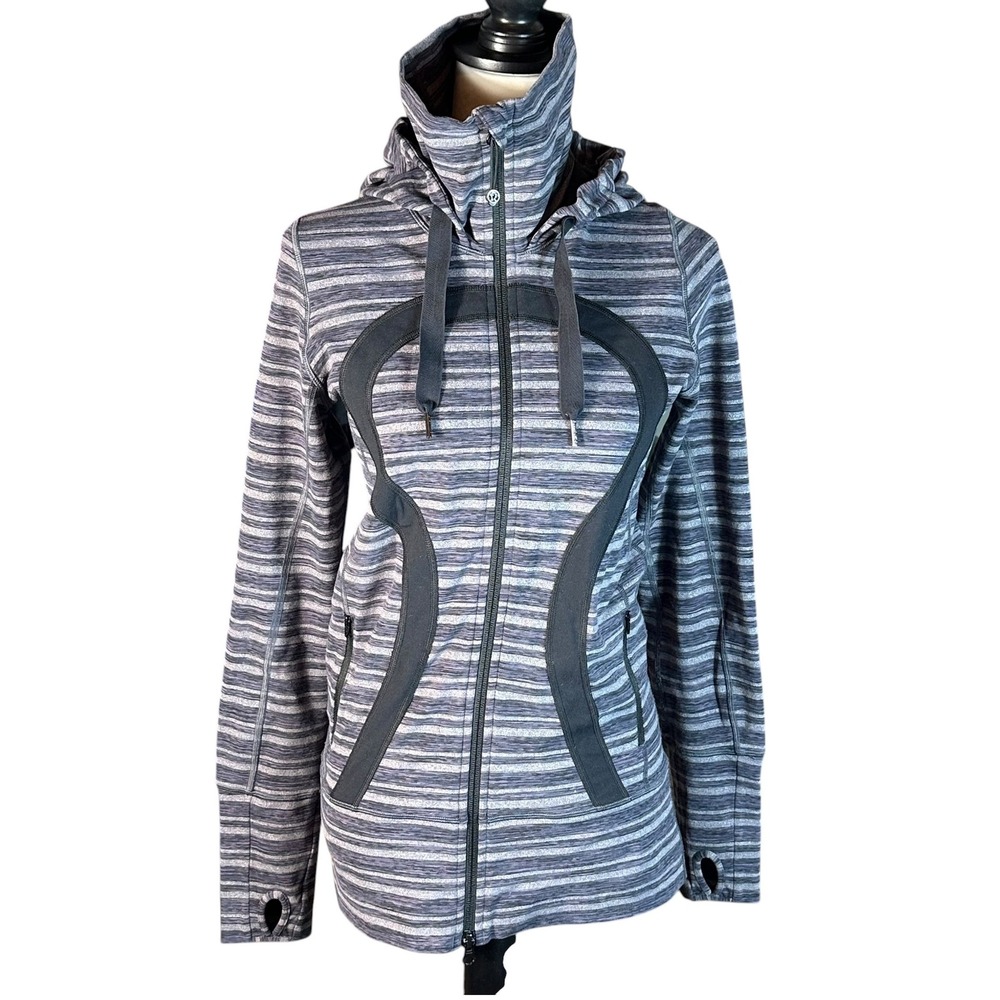 Lululemon Stride Hoodie Women Size 6 Gray Striped Full Zip Thumbholes